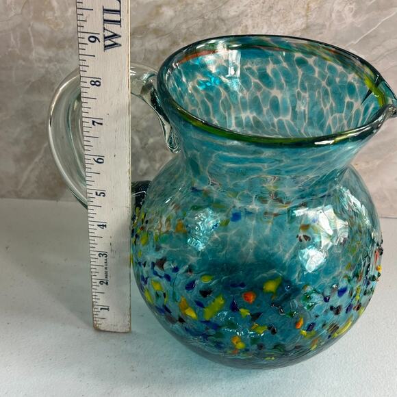 Mexican Hand Blown Glass Art Pitcher Turquoise Multi-Color Confetti 8.5" - Picture 5 of 16